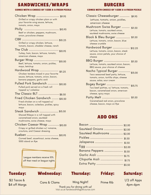 Menu Hardwood Hills Golf Course